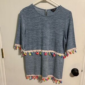 Amaryllis Blue Top with Colorful Tassels womens size small